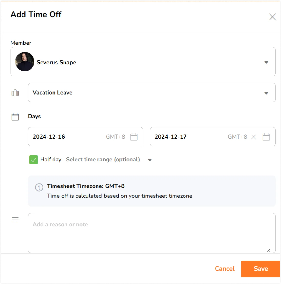 Checking half day time off on time off sidebar