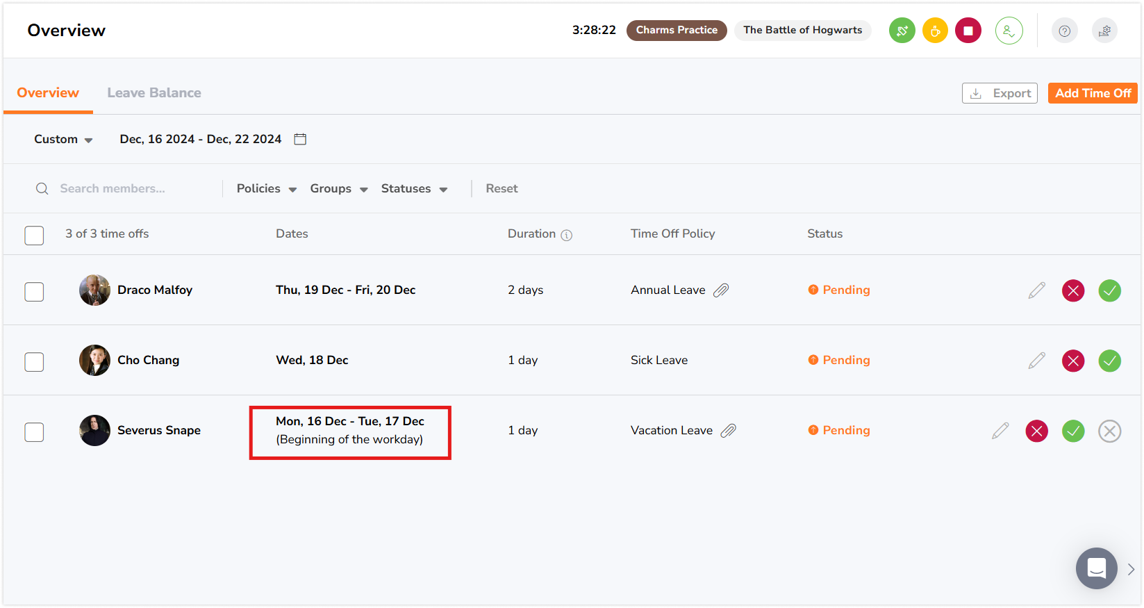 Requested half day time off on time off overview page
