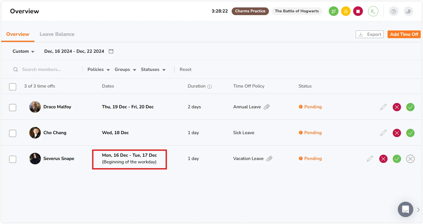 Requested half day time off on time off overview page