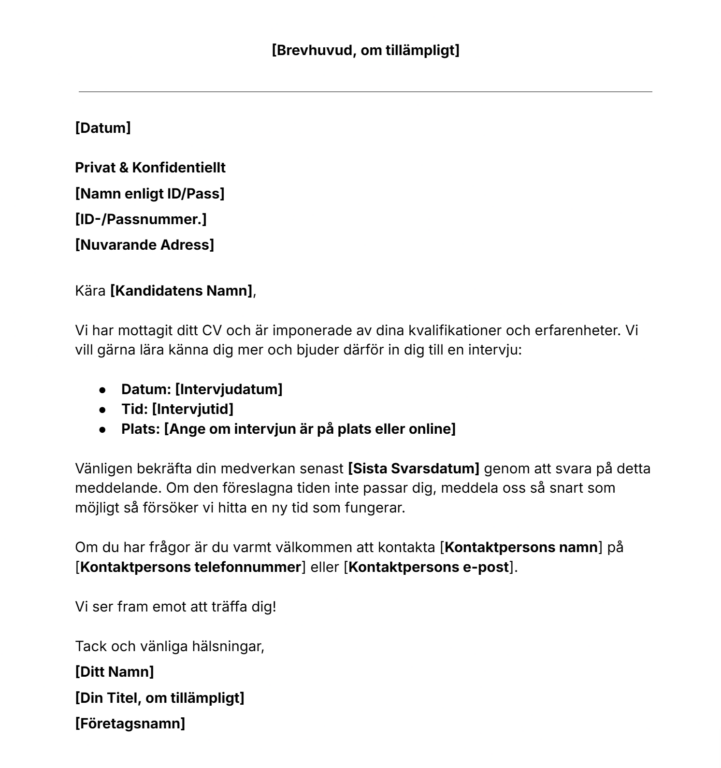 Mall för kallelse till anställningsintervju.