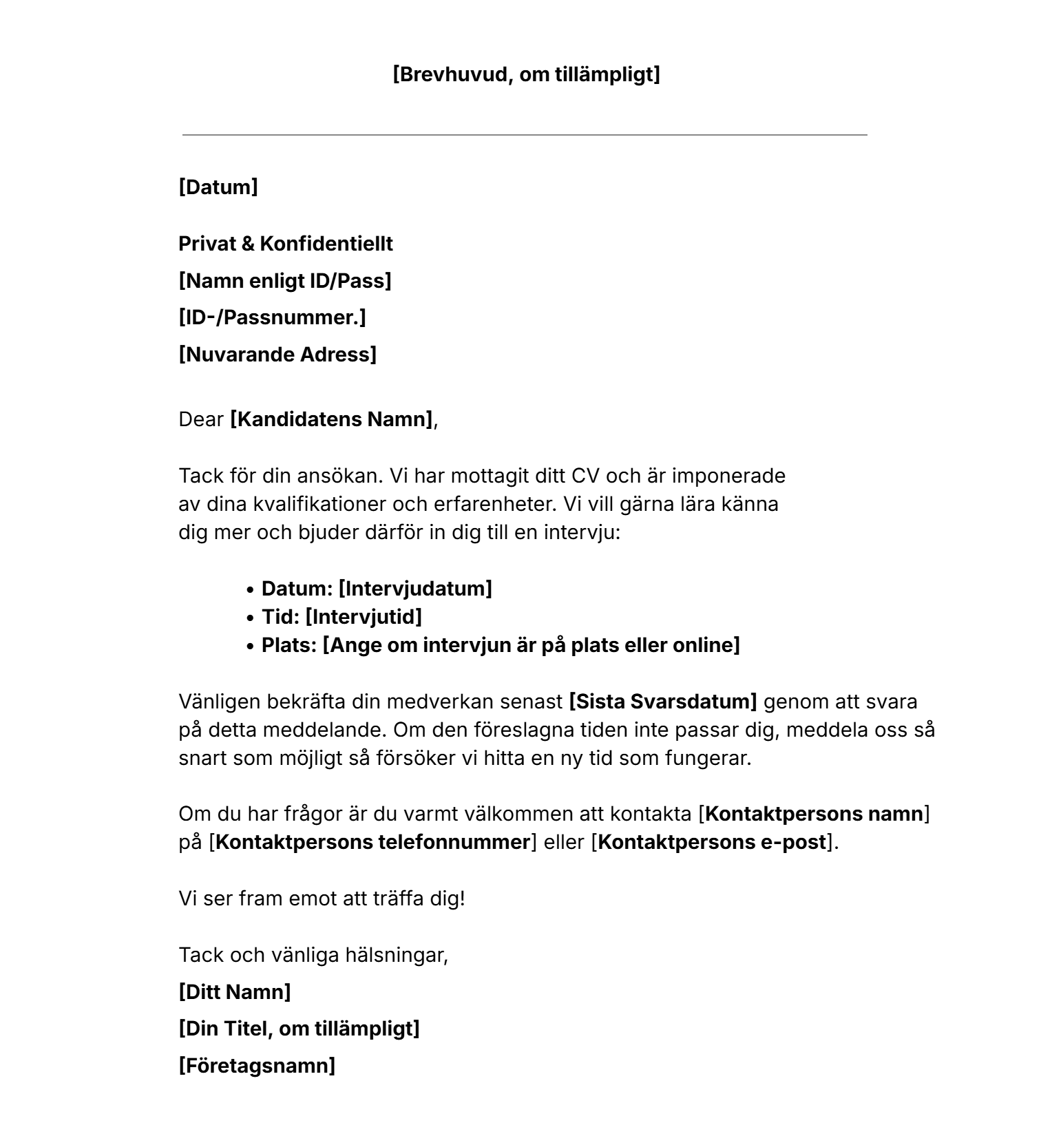 Mall för kallelse till anställningsintervju.