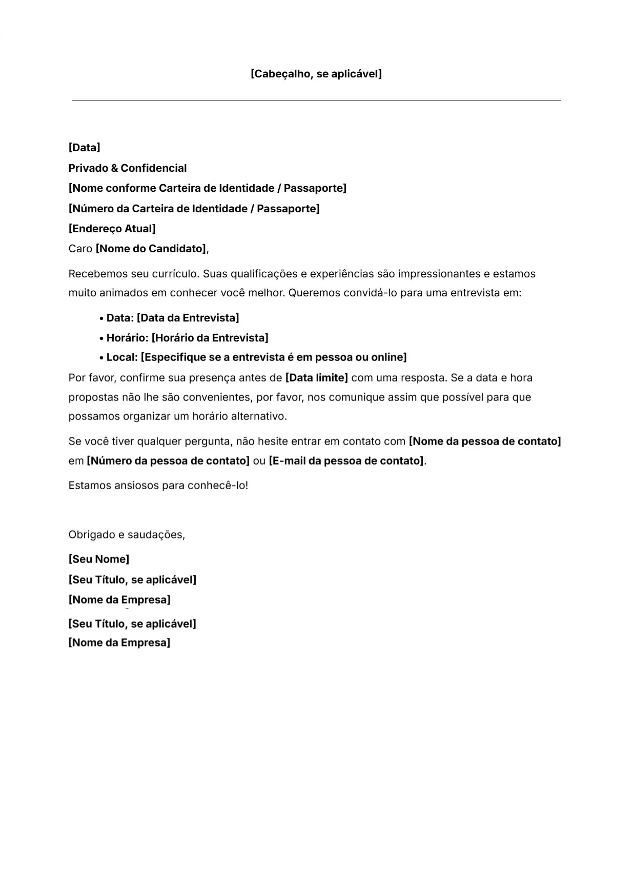 Modelo de carta-convite para entrevista de emprego grátis