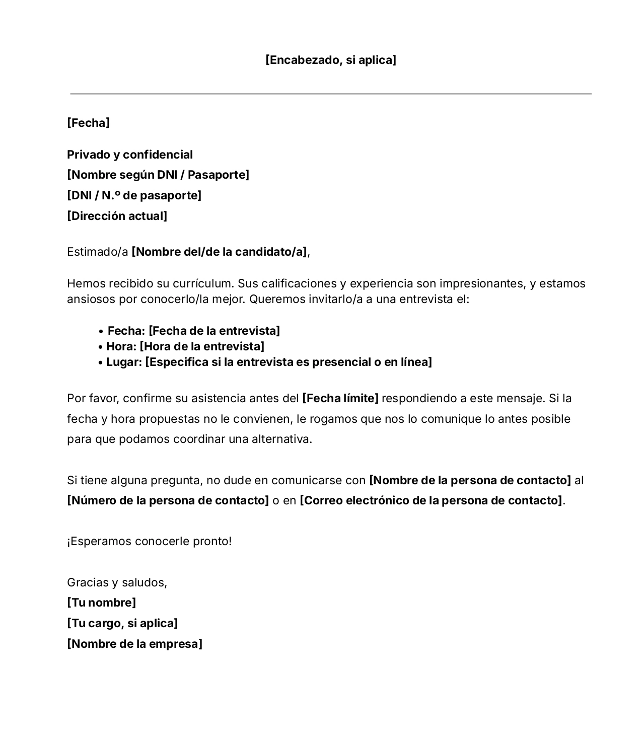 Plantilla gratuita de carta de convocatoria a entrevista