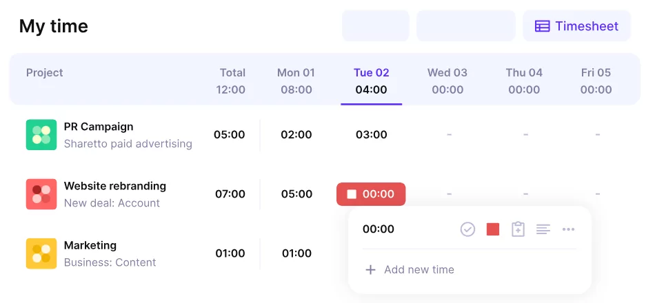 Rastreamento de horas no Productive