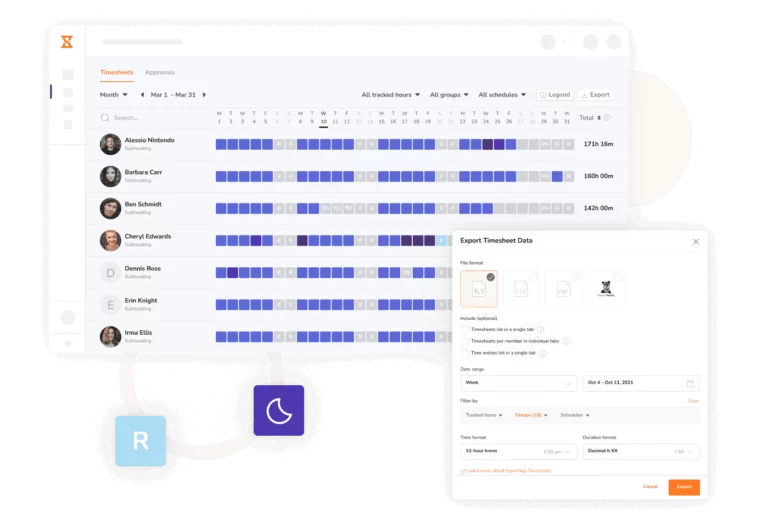 Esporta i timesheet in Excel, CSV o nel tuo software per le retribuzioni.