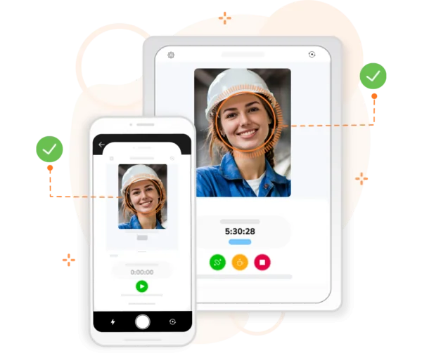 Ficha con un rápido escaneado facial utilizando la aplicación móvil Jibble y el quiosco compartido.