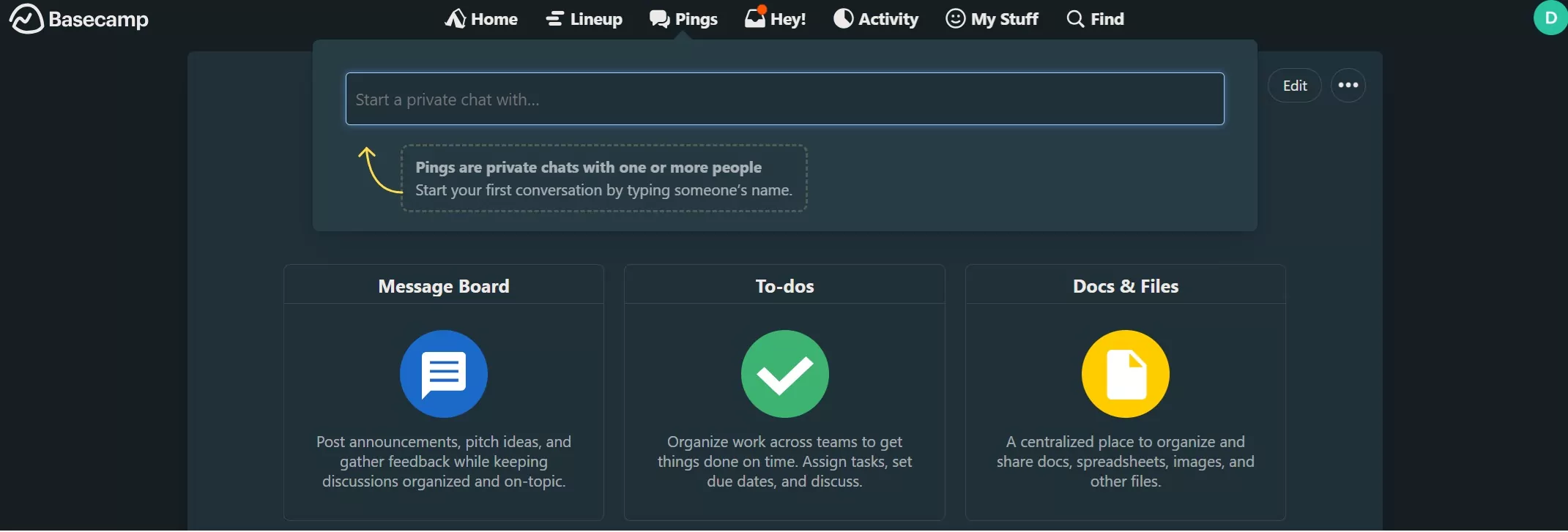Sending a private chat with the Basecamp Chat feature.