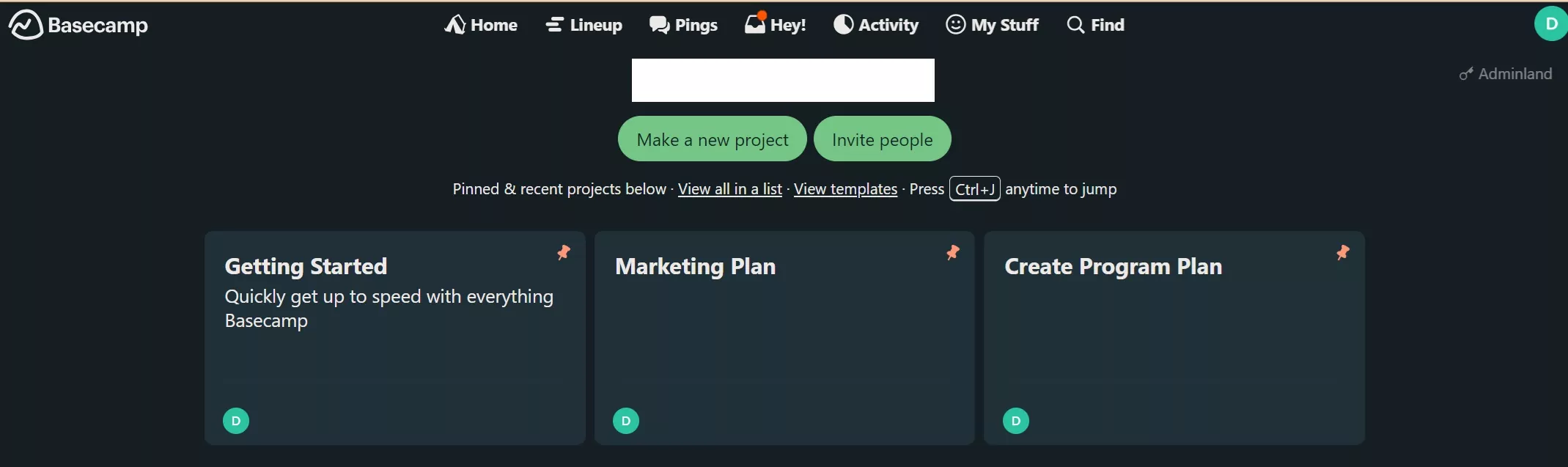 An overview of the home page of the Basecamp app.