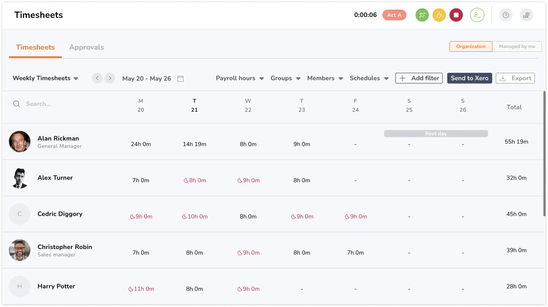 Clicking on send to Xero button via Timesheets tab
