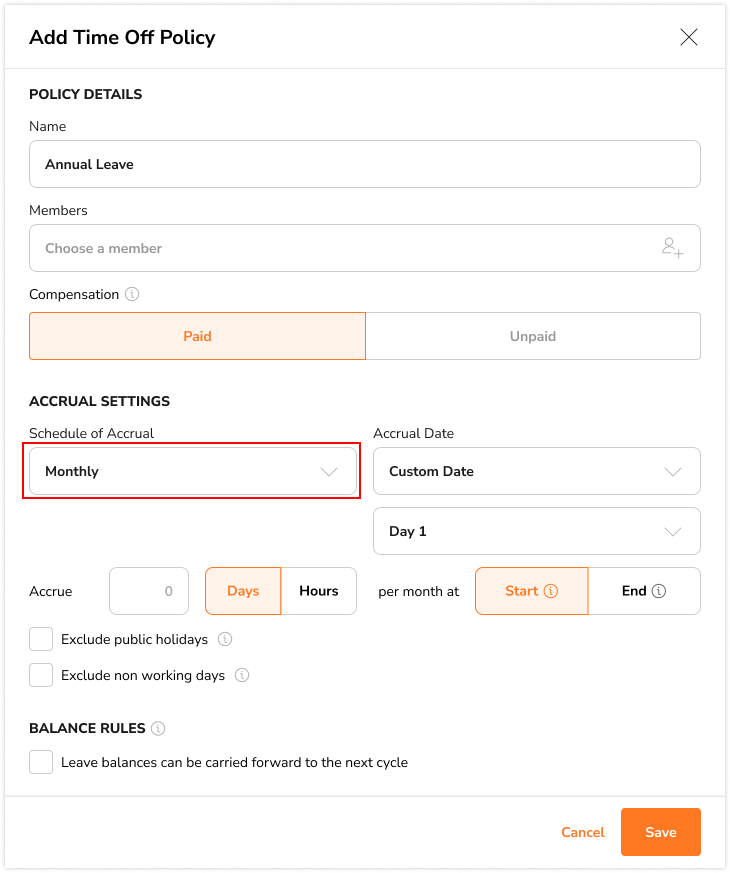 Selecting monthly schedule of accrual