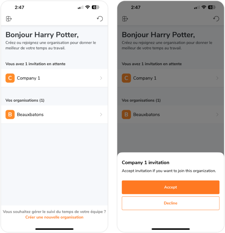 Accepter ou refuser l'invitation d'une organisation depuis un mobile