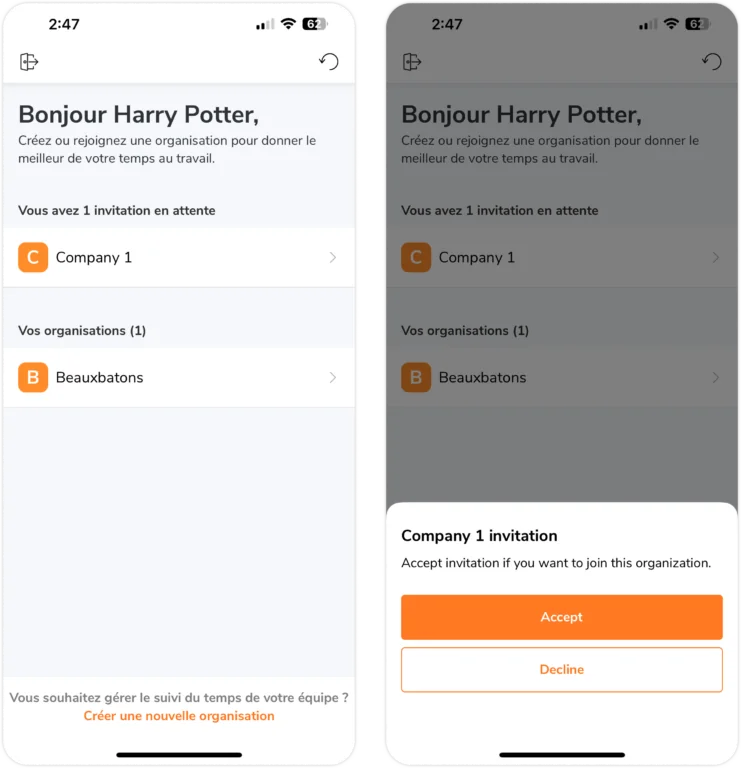Accepter ou refuser l'invitation d'une organisation depuis un mobile