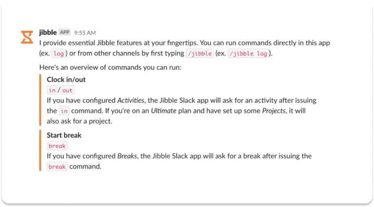 Comando di aiuto digitando "help" su Slack.