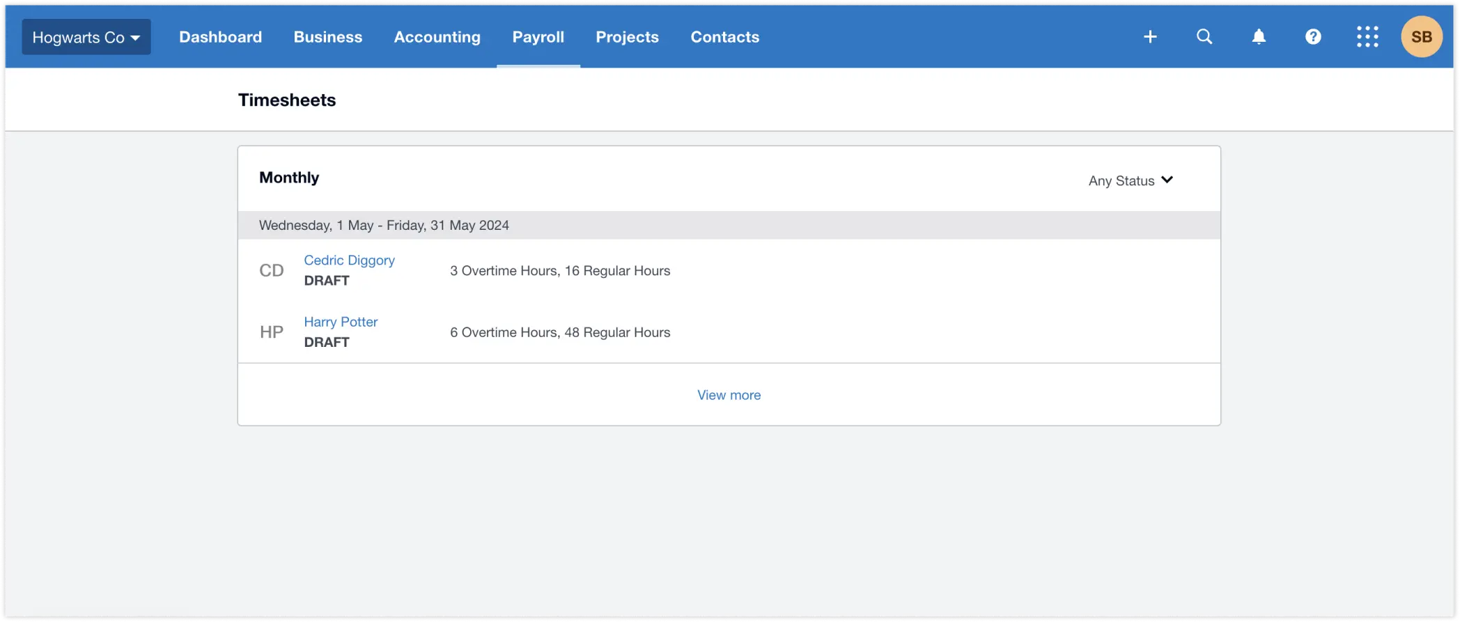 Viewing timesheets in Xero