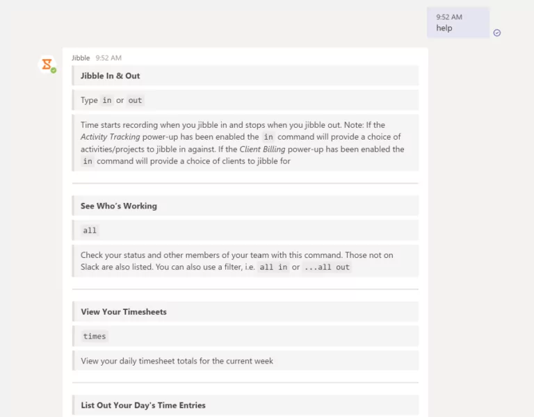 Tutte le funzionalità di aiuto di Jibble digitando "help".