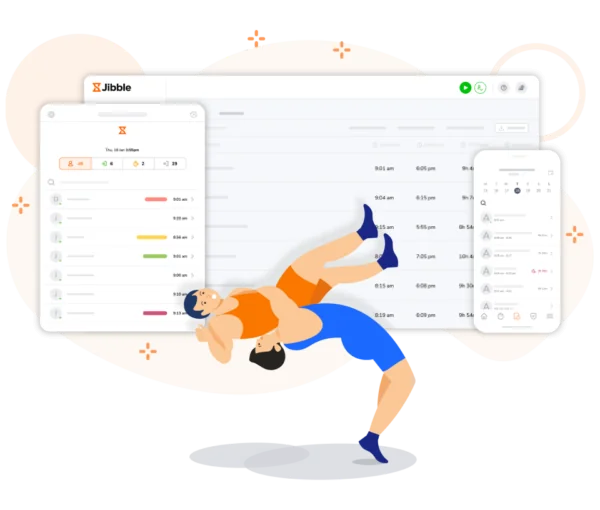 Un luchador placando a otro con un gráfico de la aplicación de asistencia de lucha Jibble de fondo.