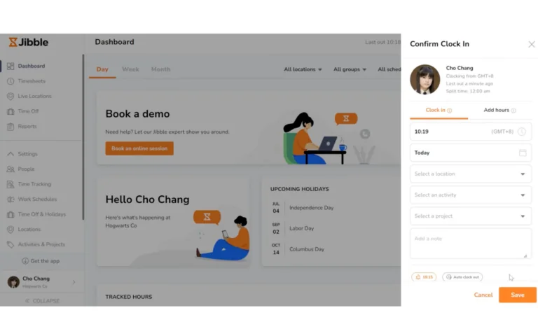 Clocking in/out on the web tutorial screenshot