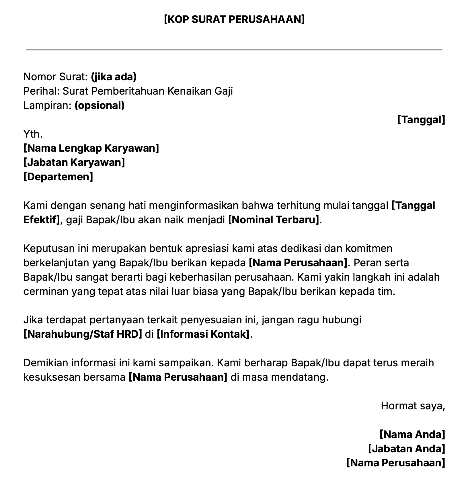 Contoh surat kenaikan gaji karyawan