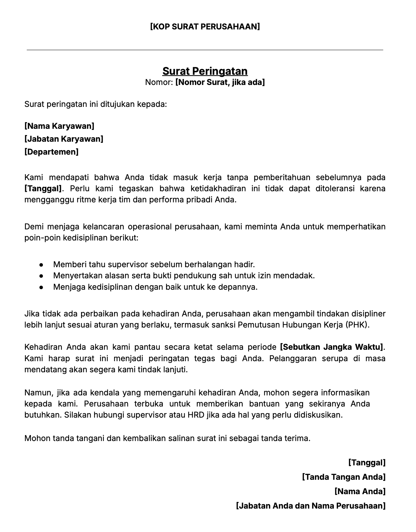 Contoh surat teguran bagi karyawan yang mangkir kerja