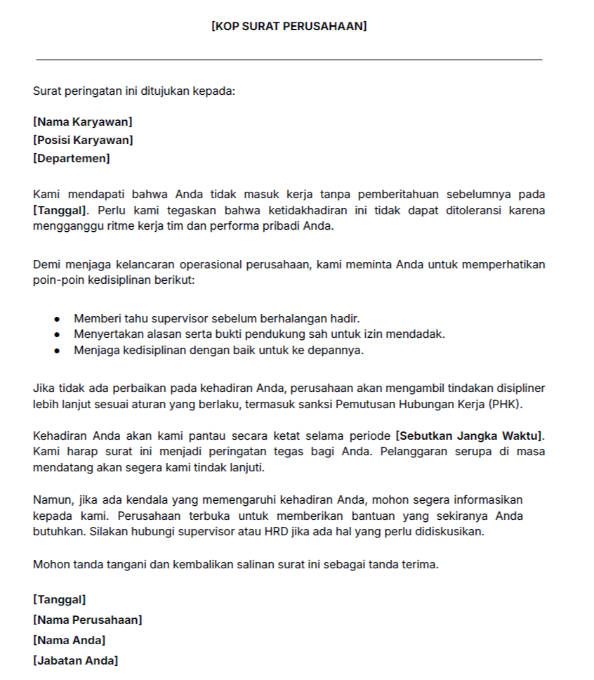 Contoh surat teguran bagi karyawan yang mangkir kerja