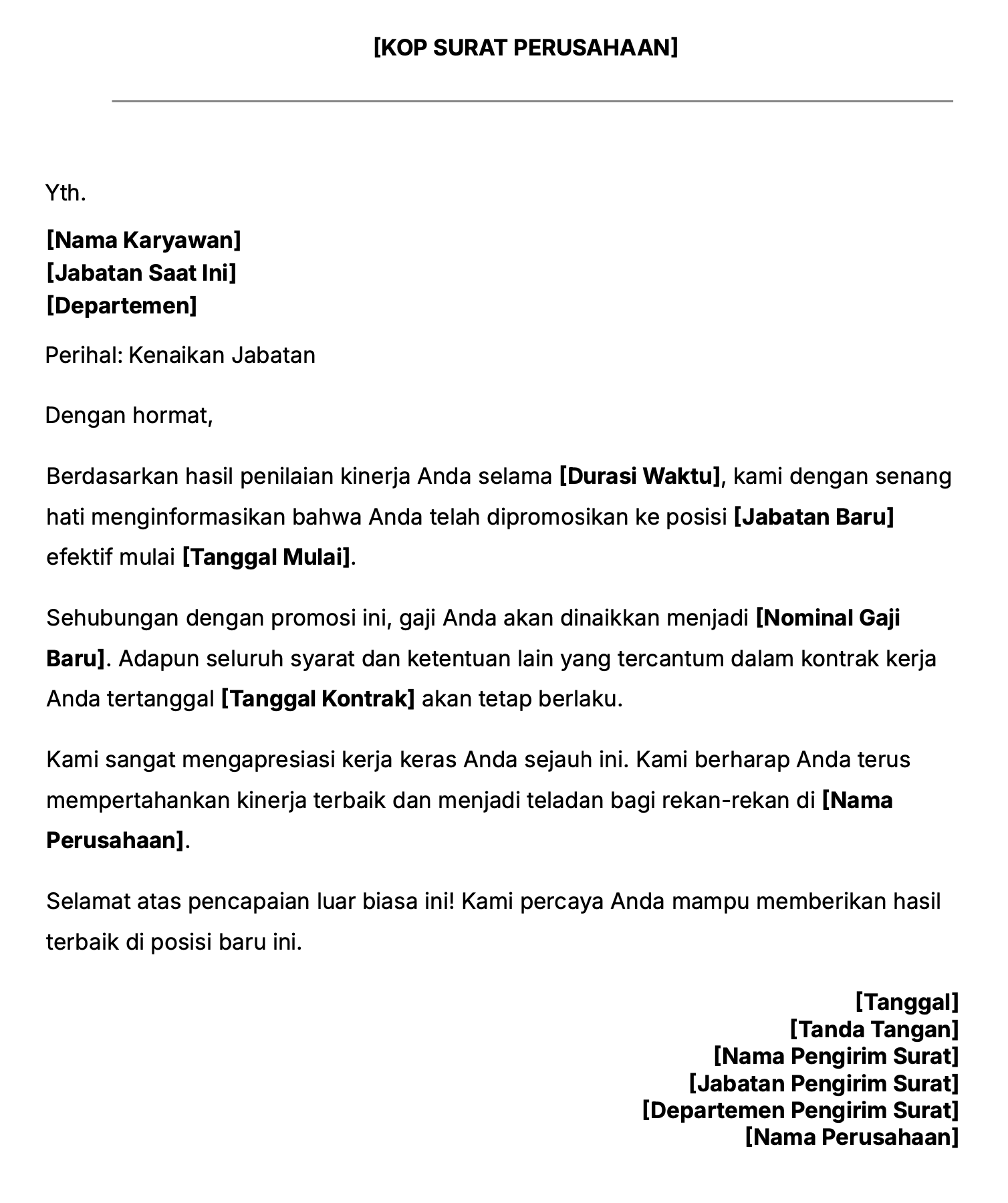 Contoh surat promosi jabatan
