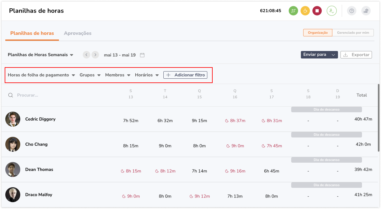 Filtros nas folhas de ponto na web