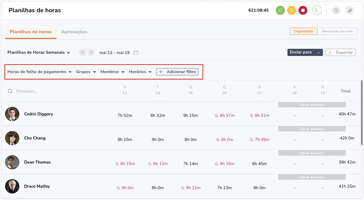 Filtros nas planilhas de horas na web
