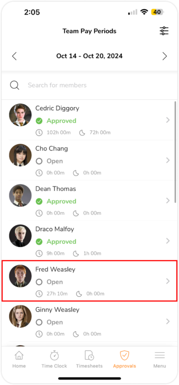 approving members pay period timesheet on mobile