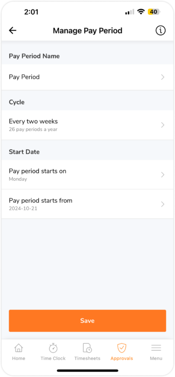 Setting up a new pay period on mobile