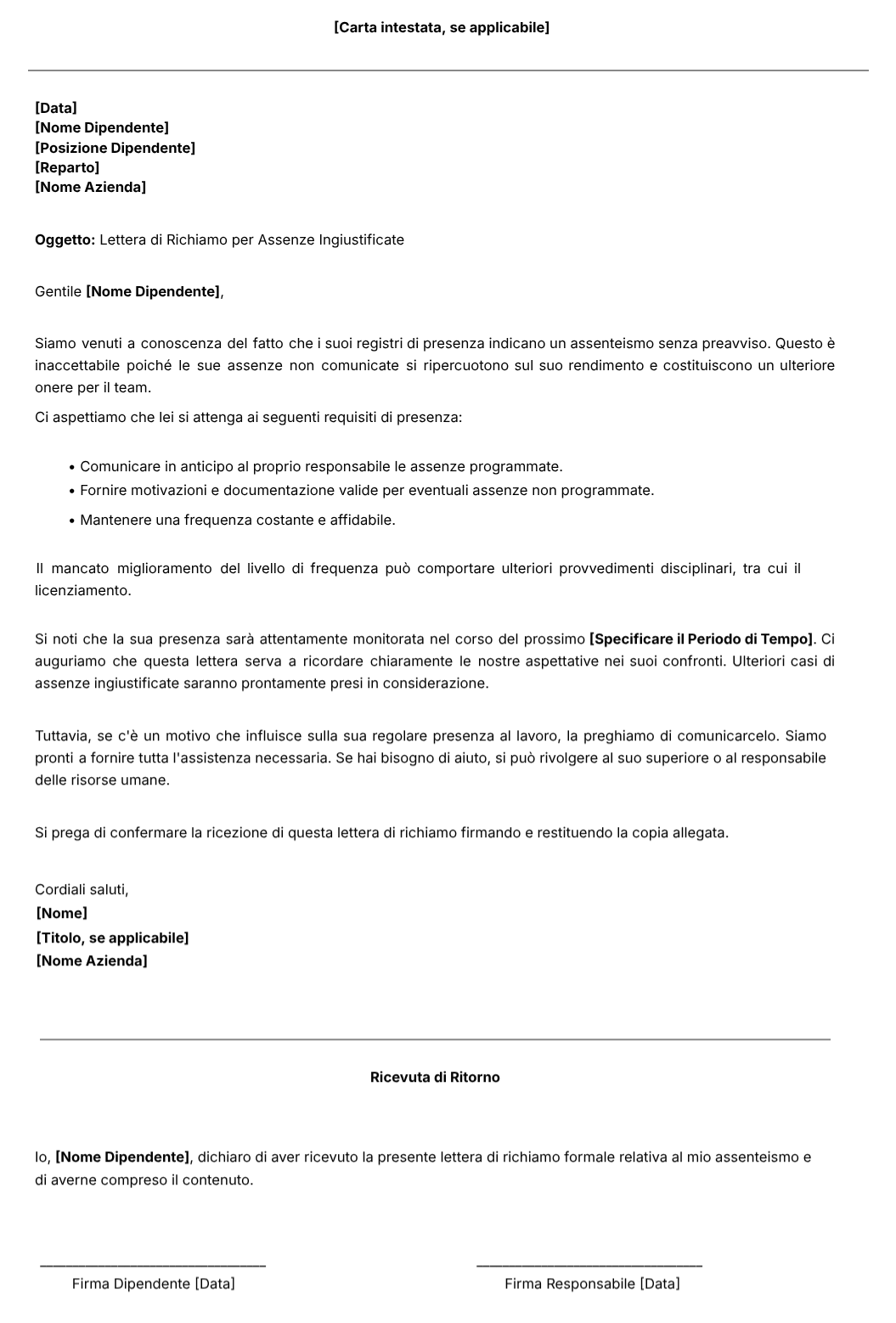 Lettera di Richiamo per Assenze Ingiustificate di Jibble