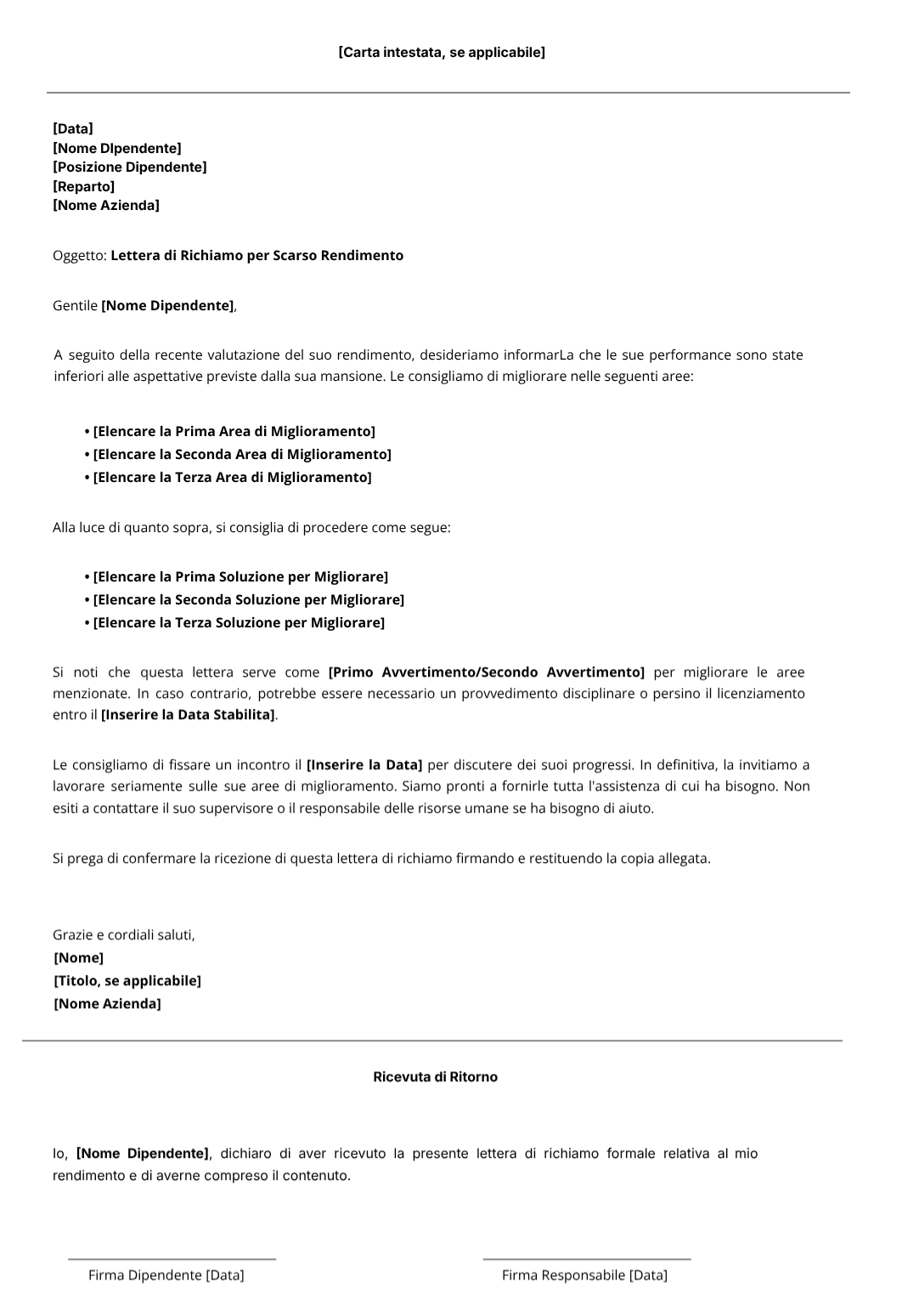 Modello Gratuito di Lettera di Richiamo per Scarso Rendimento Lettera di Richiamo per Scarso Rendimento