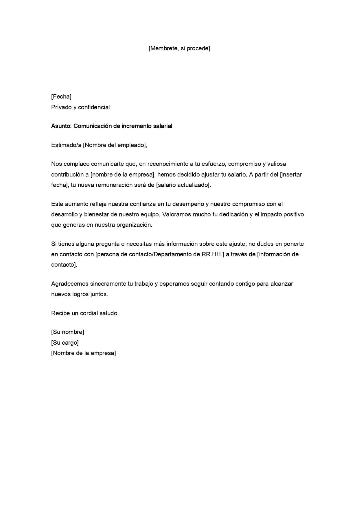Modelo gratuito de carta de aumento salarial