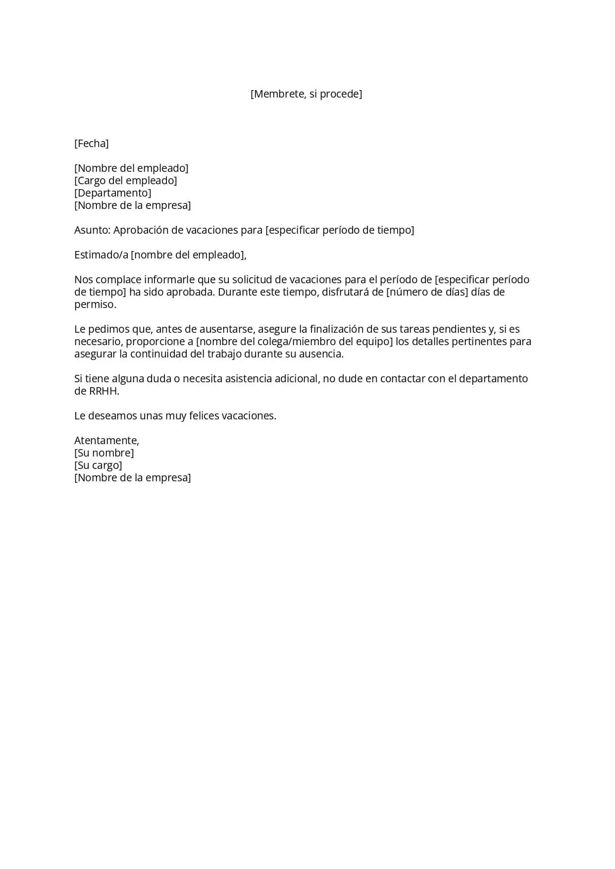 Plantilla gratuita de carta de aprobación de vacaciones