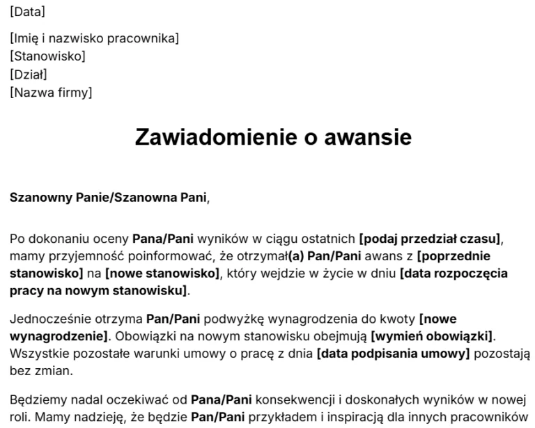 Wzór pisma informującego pracownika o awansie.