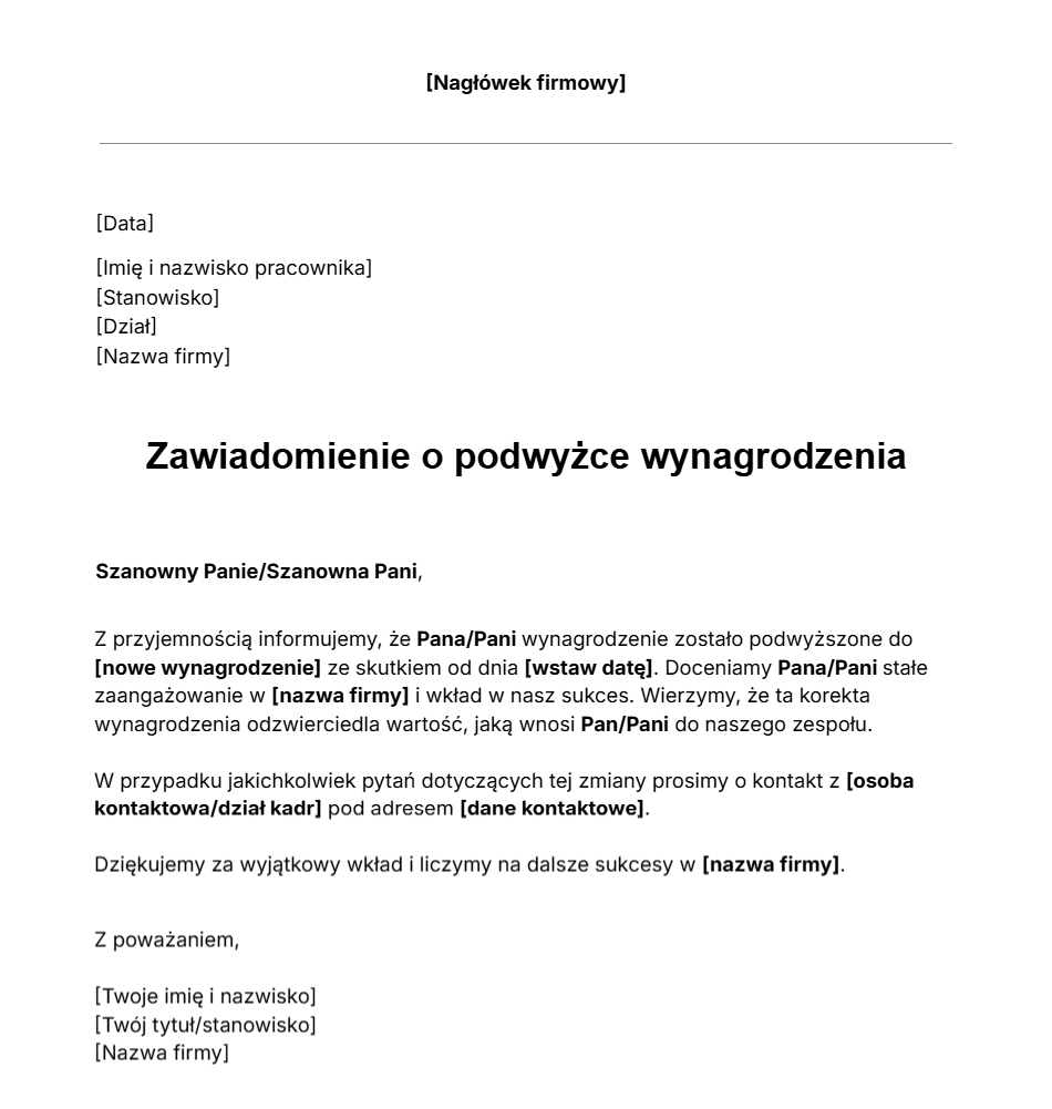 Darmowy szablon pisma o podwyżce wynagrodzenia.