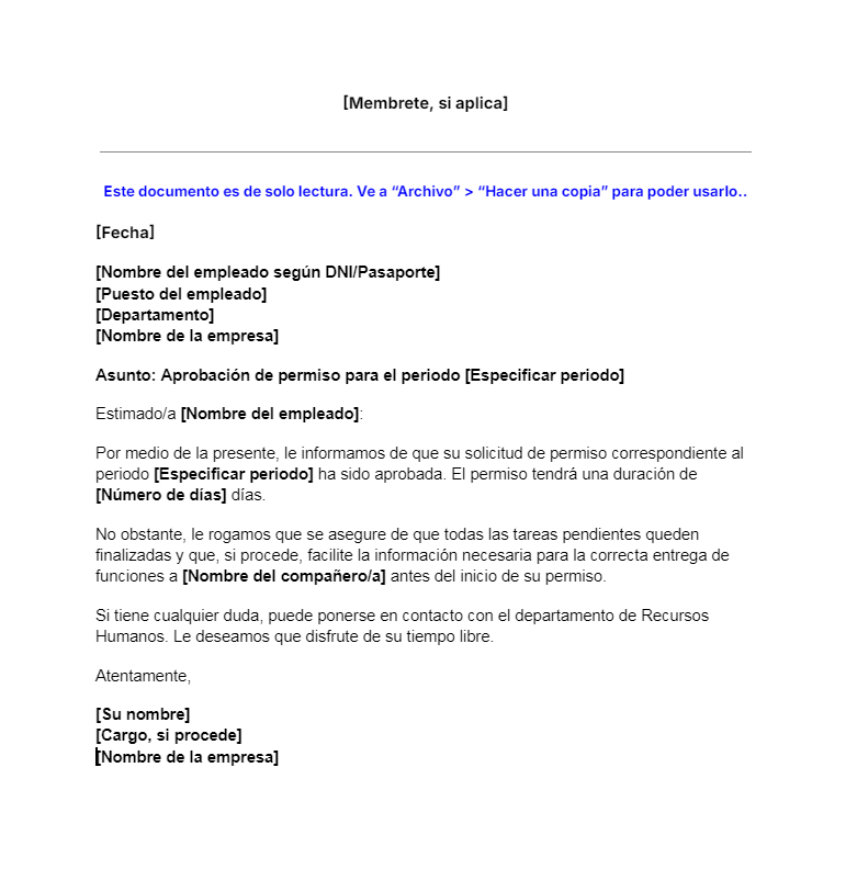 Plantilla carta de aprobación de vacaciones y permisos