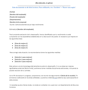 Plantilla de carta de advertencia por bajo rendimiento