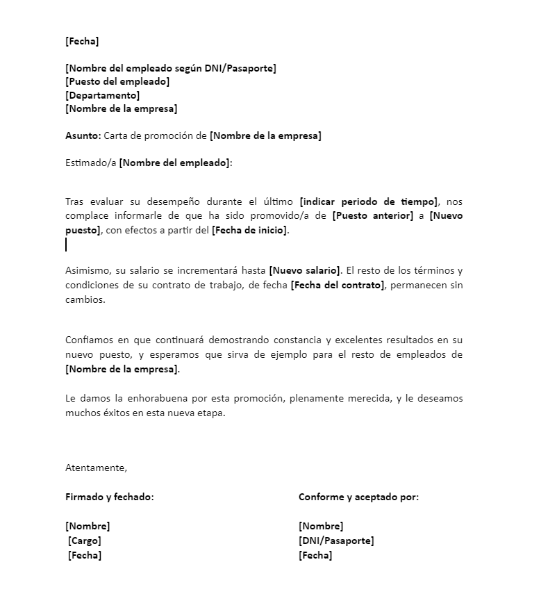 Plantilla de carta de promoción o ascenso