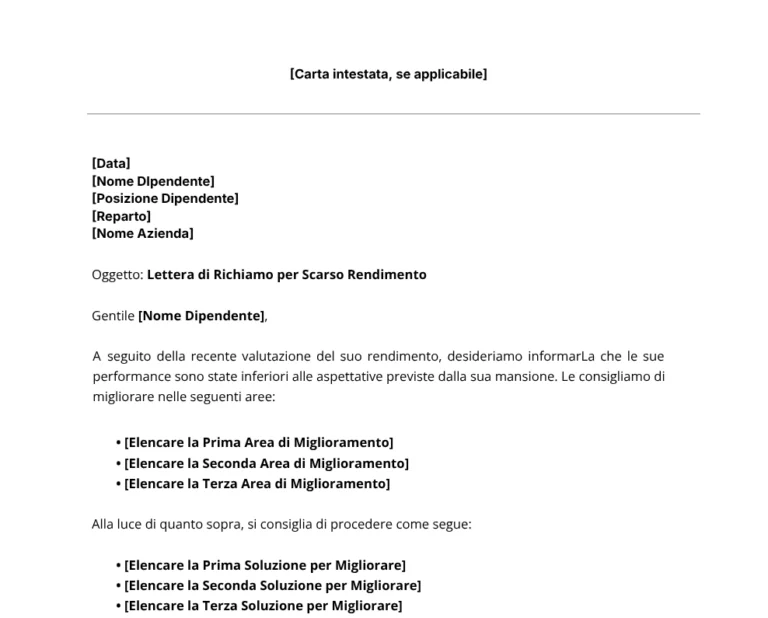 Template Lettera di Richiamo per Scarso Rendimento.