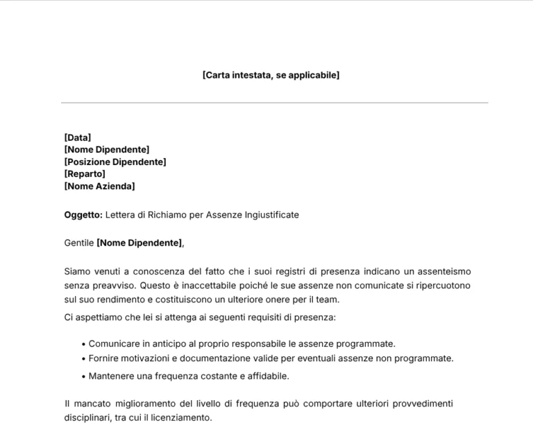 Lettera di Richiamo per Assenze Ingiustificate