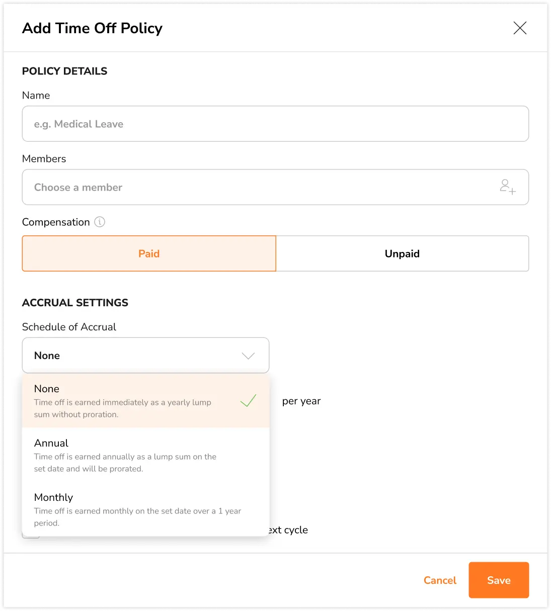 Selecting a schedule of accrual for time off policies