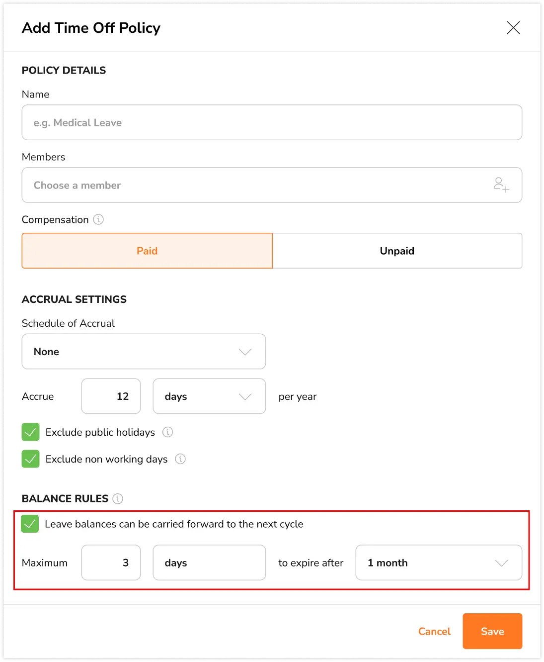 Setting up carry forward rules for time off policies