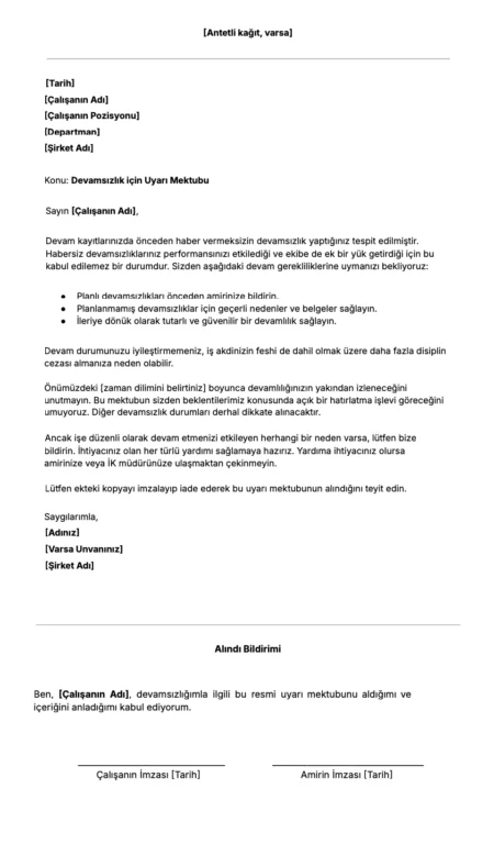 Devamsızlık İçin Uyarı Mektubu Şablonu
