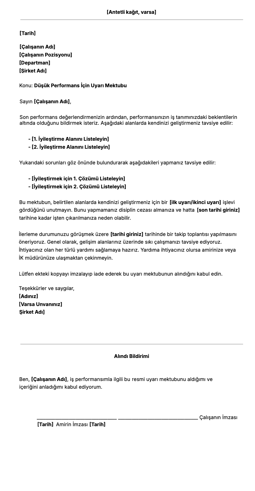 Kötü Performans için Uyarı Mektubu Şablonu