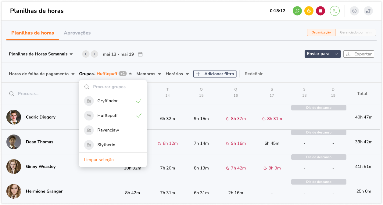 Selecionando grupos do menu suspenso de filtro
