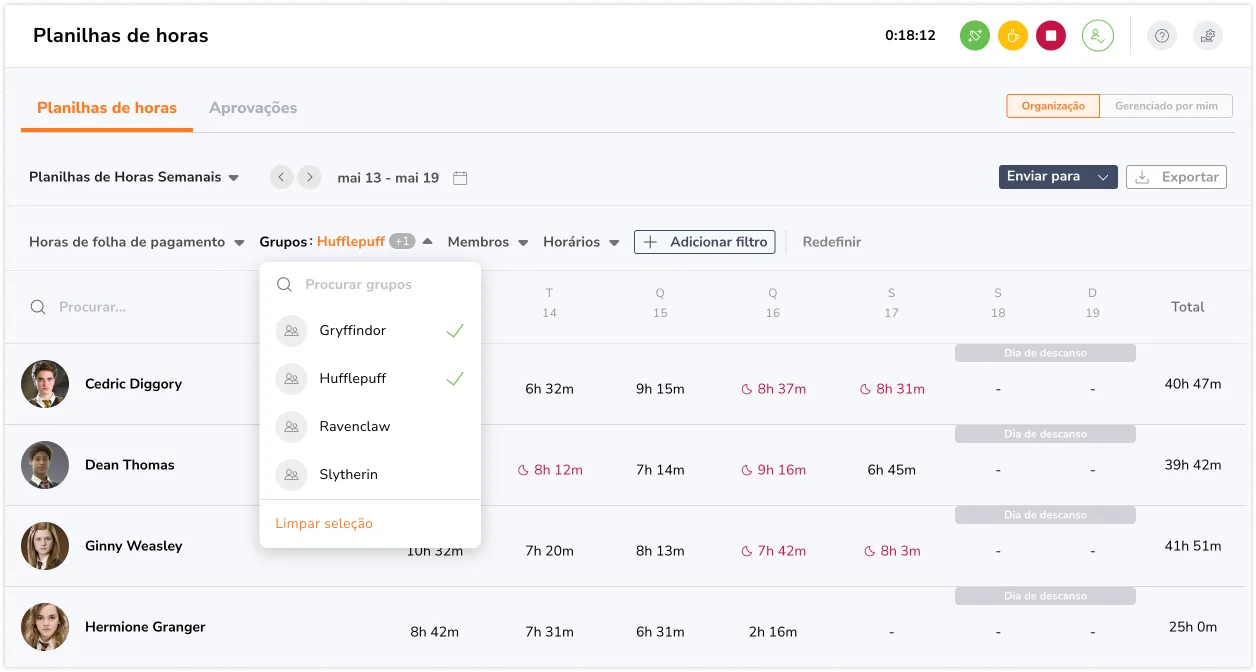 Selecionando grupos do menu suspenso de filtro