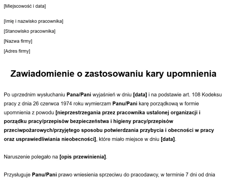 Wzór zawiadomienia o karze porządkowej w postaci upomnienia.