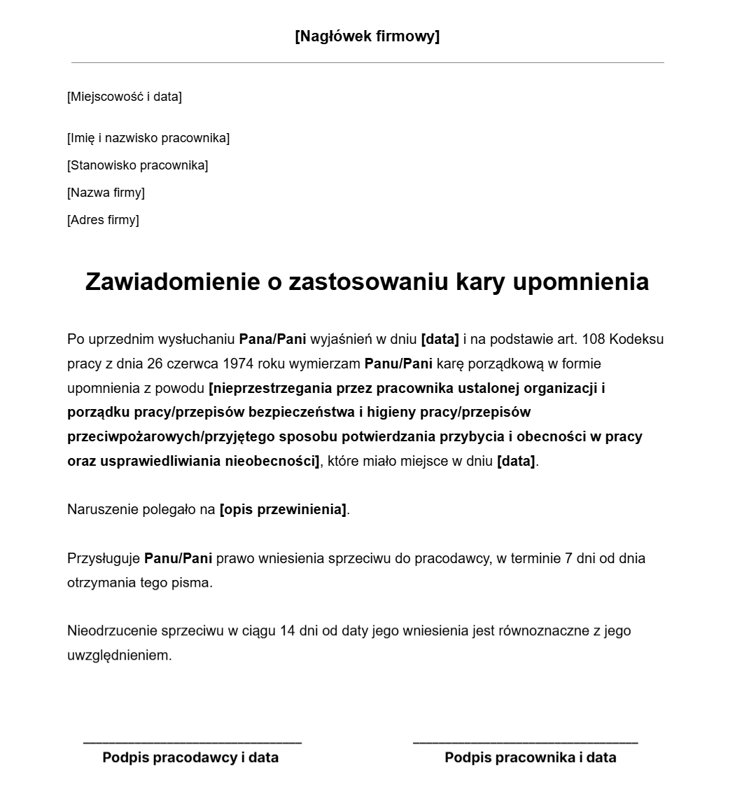 Wzór zawiadomienia o karze porządkowej w postaci upomnienia.