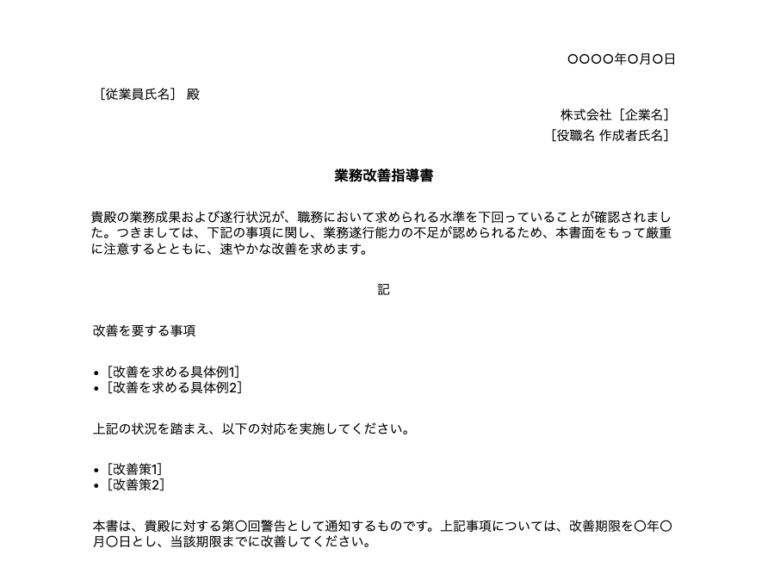 業績不振に対する警告書例文
