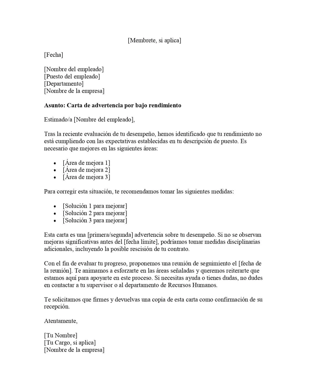 Modelo de carta de advertencia por bajo rendimiento de un empleado